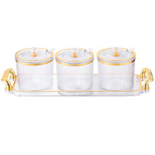 Conjunto de 3 peças de potes transparentes para especiarias com tampas, colheres e bandeja.