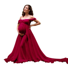Elegant Maternity Photo Dress Soft Fabric-Wine Red L