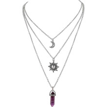 Drielagige zon- en maanketting met gotische kristallen hanger, geschikt voor dames, verstelbare lengte.