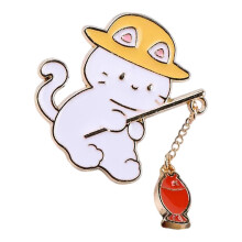 Delightful Kitten Fisherman Pin Sturdy Alloy Jewelry 2 Fish Color Choices Playful Design compatible with Everyday Wear