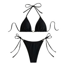 Modernes Tankini-Set mit V-Ausschnitt, verstellbaren Bändern und seitlicher Schnürung, passend für Damen, zweiteiliger Badeanzug, Schwarz