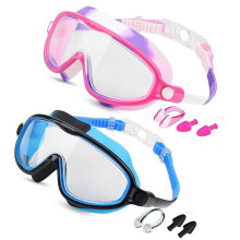 2Pcs Kid Swimming Goggles With Earplugs Nose Clip Frogs Resistant Wide View Swim Glasses compatible with Boy Girl Children Swimming