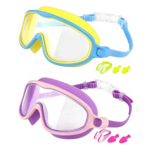 2Pcs Kid Swim Goggles Wide View Frogs Resistant Swimming Glasses With Earplugs And Nose Clip compatible with Boy Girl Teen Swimming