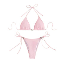 Verstellbares Triangel-Tankini-Set mit herzförmigem Zierband und seitlicher Schnürung, passend für zweiteilige Damenbademode in Rosa