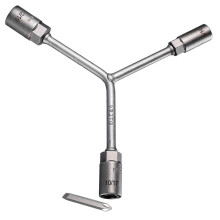 Clé à douille triple compacte avec embouts de tournevis interchangeables de 8/10/12/14/17/19 mm, adaptée aux espaces restreints.