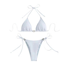 Tankini triangular con cordones laterales, ajustable, con detalle de lazo y diadema. Traje de baño de moda para mujer, 2 piezas, color blanco.