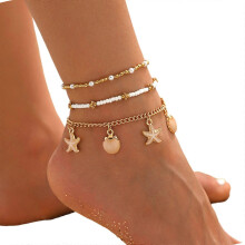 Fashionable Beach Foot Jewelry Set 3 Styles Layer Shell Anklets with Starfish and Glass Bead Accent Multicolor