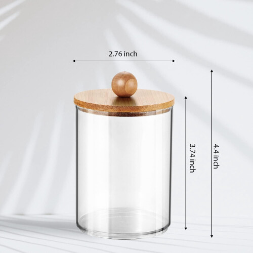 Porta cotton fioc con coperchio in bambù – Trasparente 355 ml 1