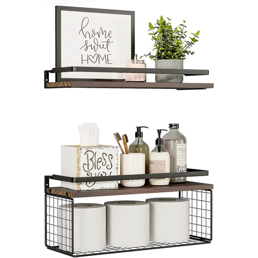 Floating Shelves, Rustic Floating Shelves Wood Over Toilet With Paper Storage Basket, Farmhouse Wall Mounted Shelves Floating 7322182211894