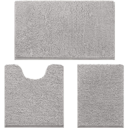 Grått chenille baderomsteppesett, 3 deler