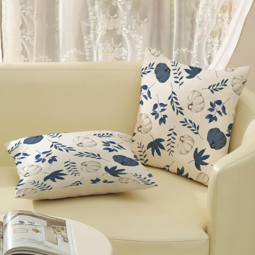 Fețe de pernă bleumarin cu model dovleac, 45x45 cm, set de 2 1