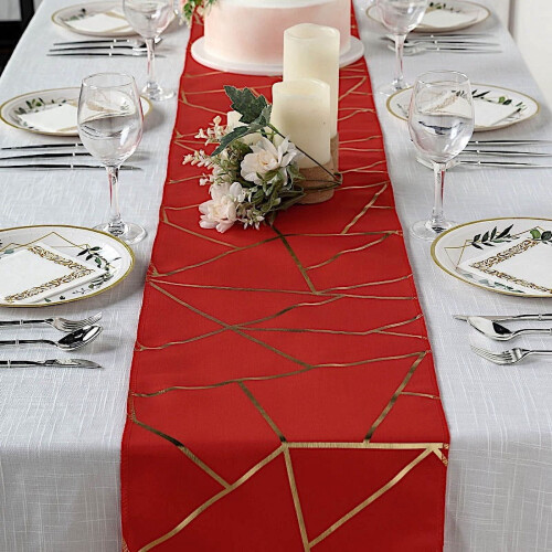 Geometrisk polyester bordløber 30x28 cm rød guld 1
