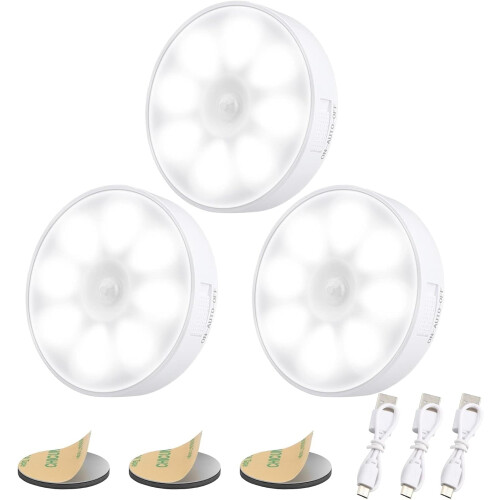 Natlampe med bevægelsessensor, 8 LED'er, 3-pak, genopladelig