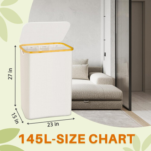 Panier à linge beige 145L à 3 compartiments avec couvercle
