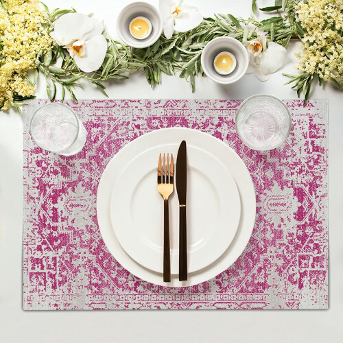 Σετ 6 σουπλά σε γκρι και έντονο ροζ χρώμα boho, 12x18 ίντσες 2