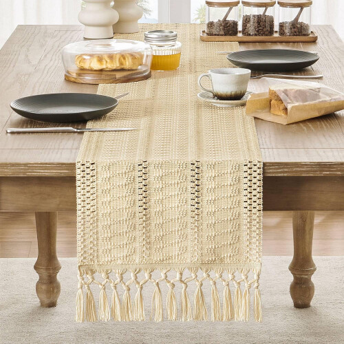 Boho Macrame -pöytärunko Norsunluu12x64 tuumaa 1