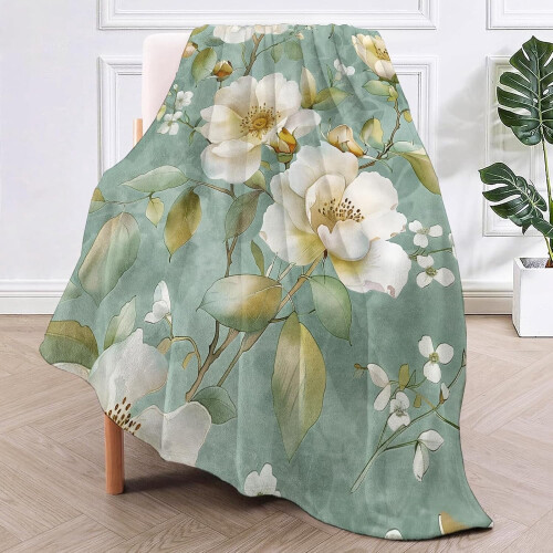 Floral Throw Blanket Mint with White Flowers 1