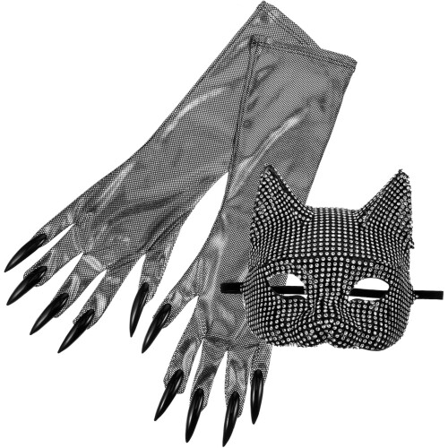 Halloween Strass Katzenmaske Cosplay Set Handschuhe