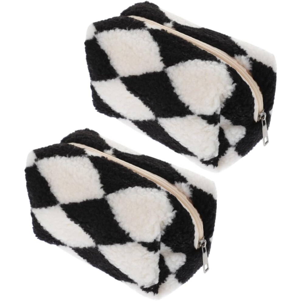 Hkhbjs 2Pcs Checkerboard Pencil Bag Cosmetics Bag Travel Pouch Plush Makeup Case Zipper Pouch