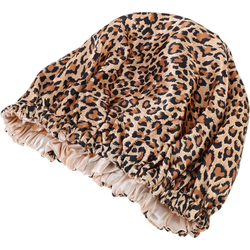 Hkhbjs Double-Layer Satin Hair Care Bonnet Night Sleep Hat With Adjustable Flat Buckle Leopard Print Shower Cap