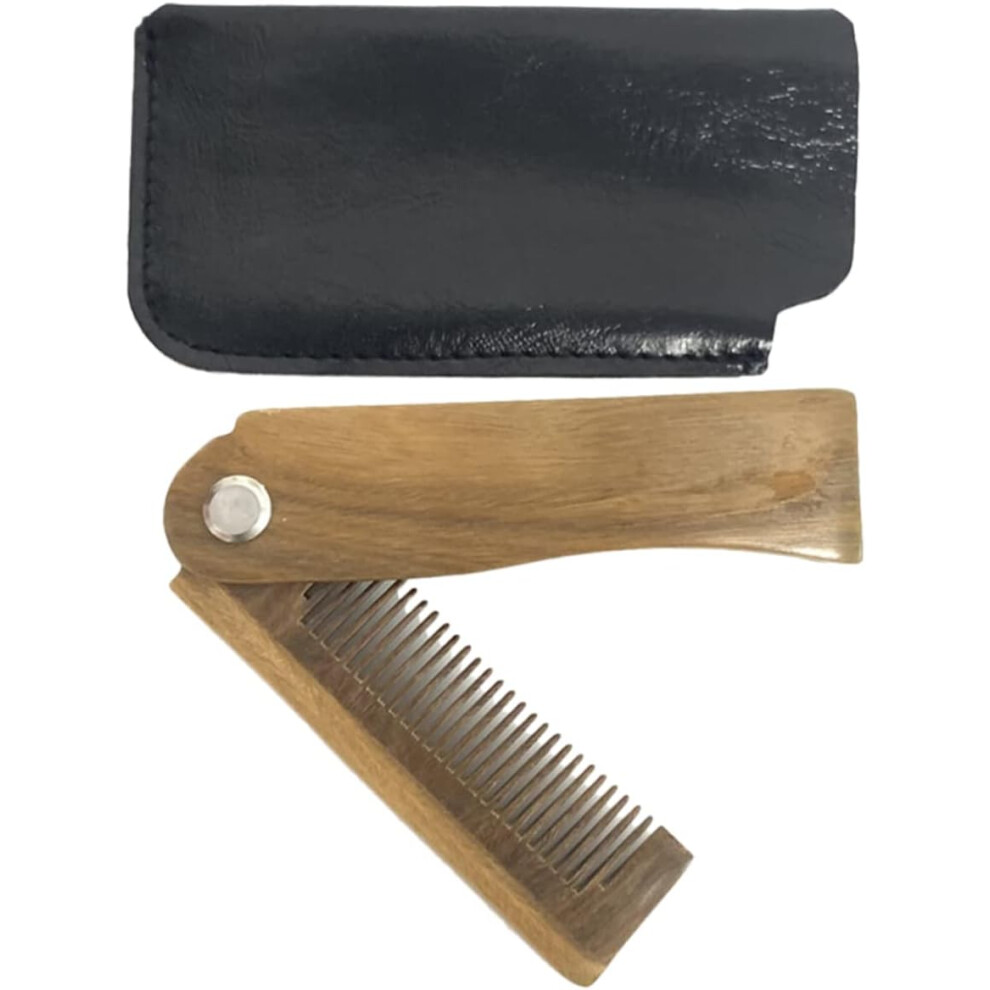 Hkhbjs Unisex Green,Black Wooden Folding Pocket Comb Set With Green Sandalwood Mustache Comb And Black Leather Case Beard Grooming Hair Accessory