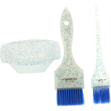 Haarverfkom en kwastenset: blauwe iriserende kwast met zachte haren, mengkom voor haarkleuring in de salon en thuis.