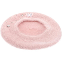 Niedliche Baskenmütze mit Schleifendesign, Damen-Wintermütze, kuschelige Baskenmütze für Mädchen, rosa