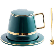Keramik-Kaffeebecher-Set mit Untertasse im europäischen Stil, elegant in Grün und Gold.