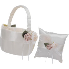 Ringkissen-Blumenkorb-Set mit weißem Satinkorb und Kissen, zart-romantischer Hochzeitsstil