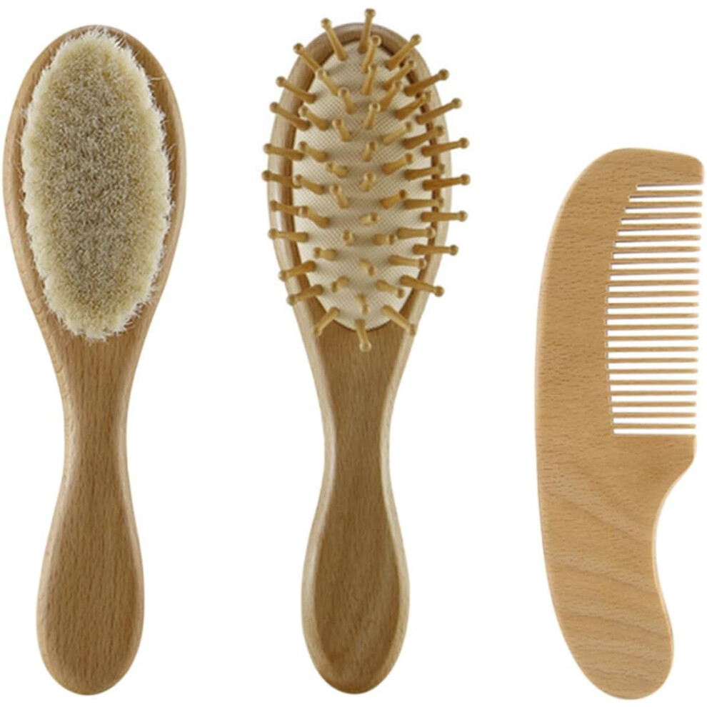Hkhbjs 3Pcs Wool Hair Brush And Comb Set With Bamboo Handle, Soft Bristles Newborn Bath Brush