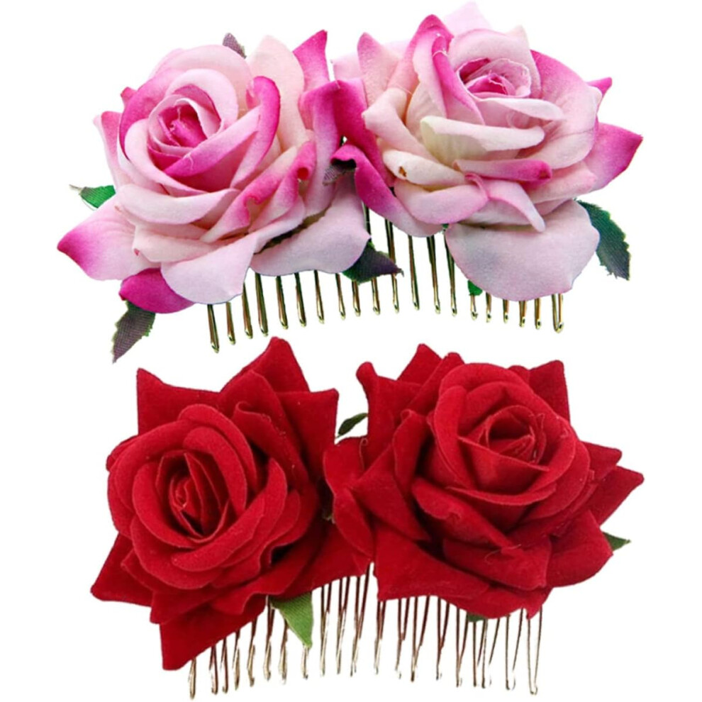 Hkhbjs Red/Pink 2Pcs Simulated Flower Headdress Bridal Flower Hair Combs Wedding Hair Accessories Fabric Clip For Bride Party Side Comb Jewelry