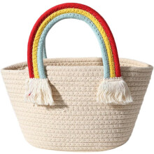 Strandtasche im Boho-Stil für Damen, tragbare Handtasche aus handgewebter Baumwolle mit Regenbogen-Wolkenmuster