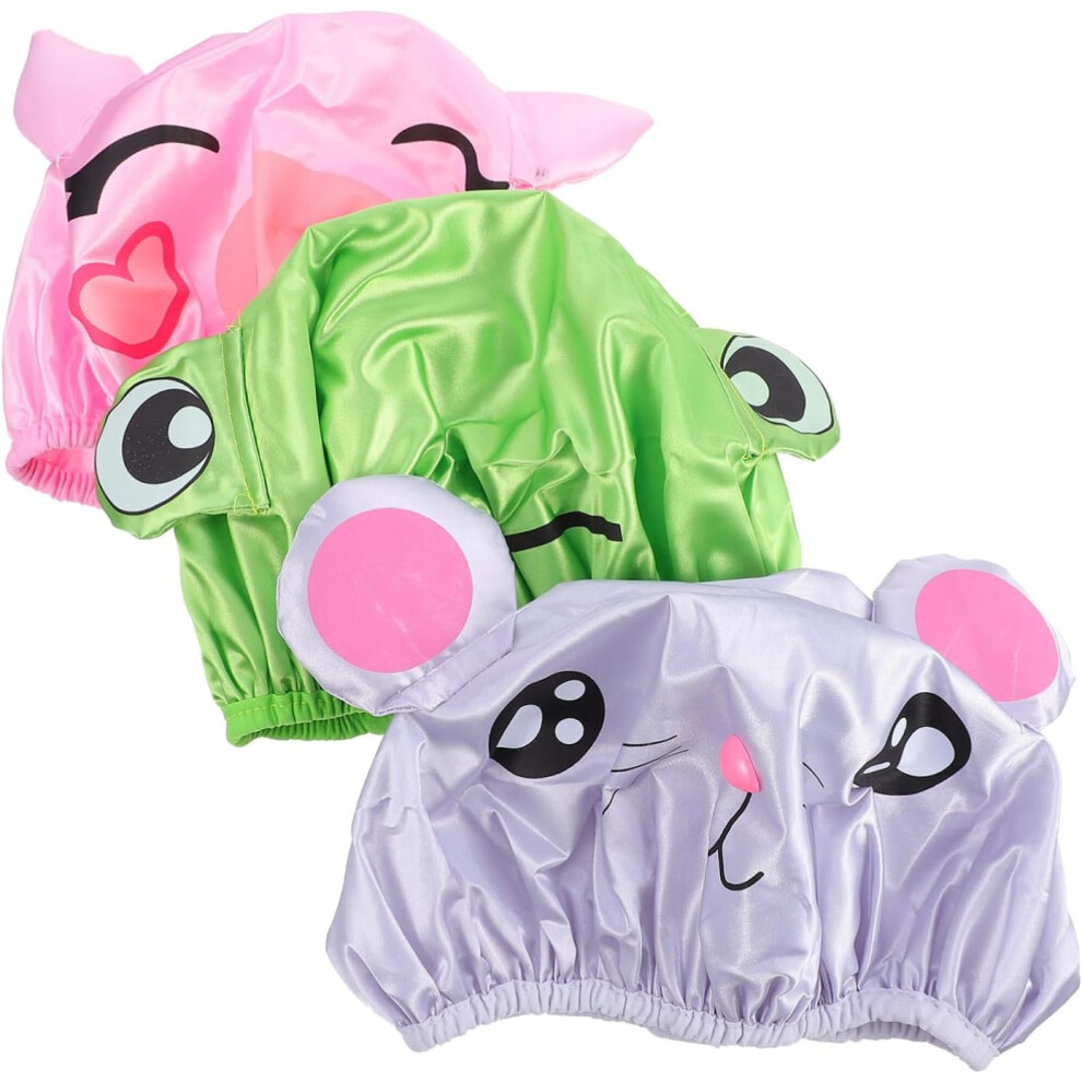 Hkhbjs Grey/Green/Pink 3Pcs Cartoon Shower Caps For Elastic Thicken Bathing Caps With Mouse Frog Pig Prints Reusable Hair Protection