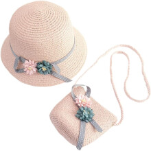 Meninas palha chapéu de praia e crossbody saco conjunto com decoração floral, rosa crianças palha chapéu de sol e tecido saco de ombro
