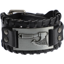 Breites Herrenarmband aus gewebtem Leder mit nordischem Charme, PU-Piratenarmband, schwarz mit antiksilbernen Akzenten, für Freizeit und Halloween