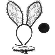 Osterhasen-Kostümset mit Spitzenstirnband, Cartoon-Ohren, weichem schwarzem Spitzenkragen und Schwanz – Accessoires