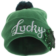 Bestickte Wollmütze, irische Kappe, grüne Pailletten-Kleeblatt, festliche Winteraccessoires zum St. Patrick's Day