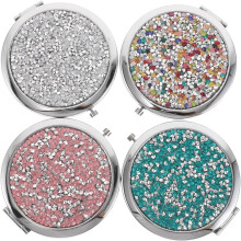4pcs Portable Crystal Rhinestone Pocket Mirrors Double-Sided Round Compact Makeup Mirrors Silver