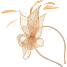 Elegante fermaglio per capelli da donna in stile vintage con cappellino fascinator e materiale in juta dorata.