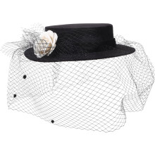Eleganter Hochzeitshut mit Kamelienmuster, passend für Damen, aus schwarzem Gaze-Material.