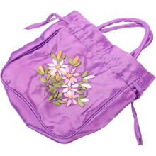 Lila Seidenhandtasche mit Kordelzug für Damen mit großem Fassungsvermögen und bestickten Henkeln