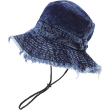 Denim-Bucket-Hat mit ausgefranster Krempe, atmungsaktiver Sonnenschutzhut für UV-Schutz