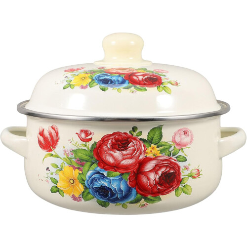 Enamel Stockpot with Lid 1.7l Double Handle Thickened Small Soup Pot