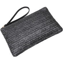 Bolsa de embreagem de palha tecida de grande capacidade das senhoras com zíper, saco de armazenamento Sundries do tamanho da palma preta