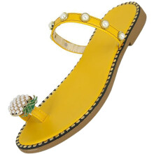 Damen-Zehentrenner-Sandalen mit Ananas- und Perlenmuster, flach, gelb, Größe 39, rutschfest, für Strand und Freizeit