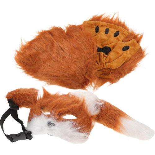 Σετ Cosplay Fox με καφέ και λευκή βελούδινη μάσκα, ουρά και γάντια