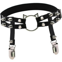 Punk-Leder-Nieten-Beinstrumpfhalter, schwarzer Gothic-Katzen-Kopfriemen-Gürtel für Damen, Streetdance-Doppelreihen-Nieten-Strumpfhalter