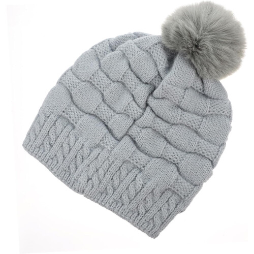 Knitted Hat with Plush Ball Winter Warm Solid Color Beanie Soft Acrylic Warm Hat