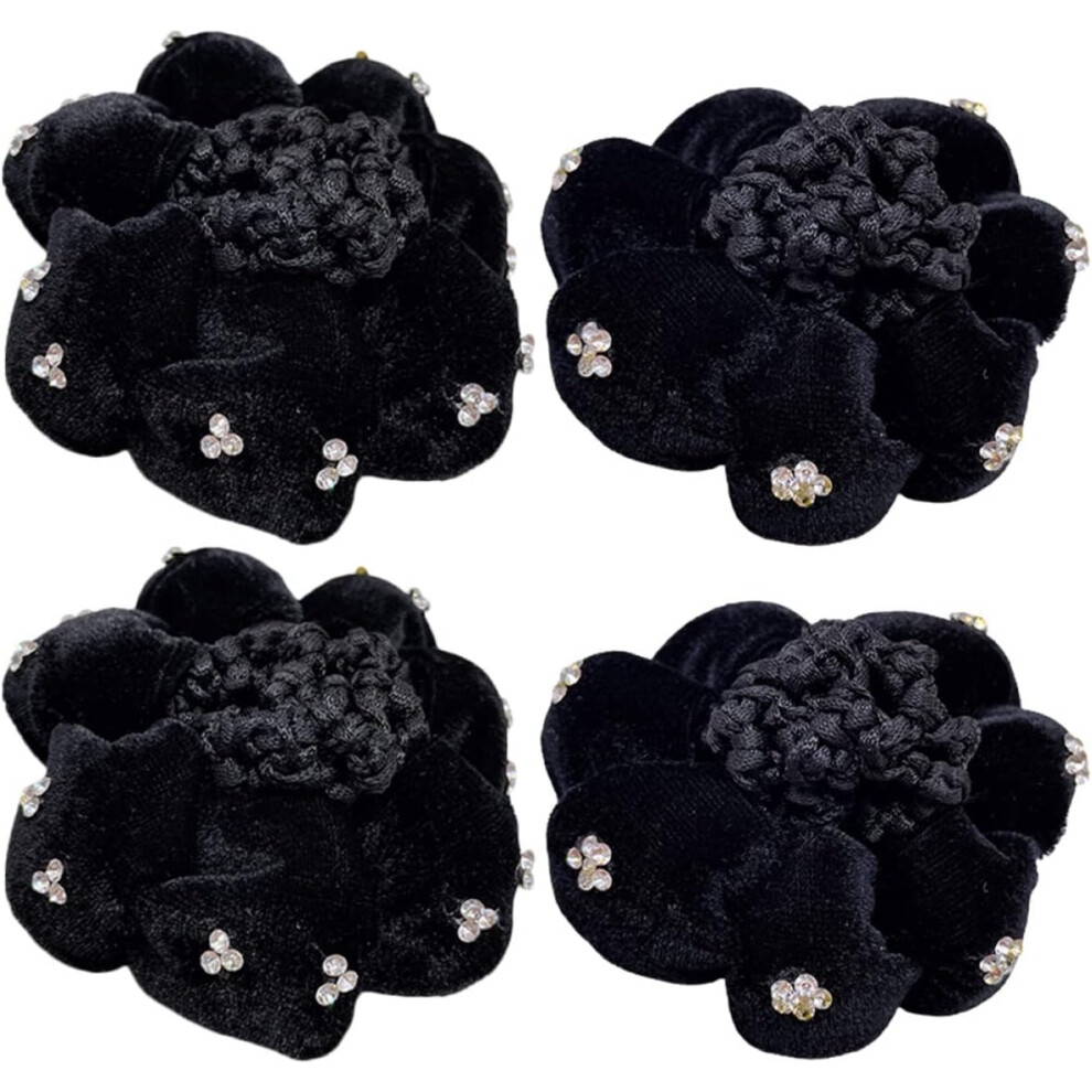 Hkhbjs Black Velvet Hairnets For Women 4Pcs Rhinestones Hair Bun Nets Ballet Nurse Hair Cover Hairnet Accessories