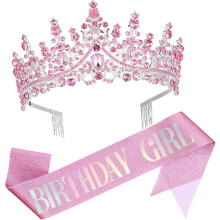 Aniversário faixa e strass Tiara Set para mulheres e meninas, faixa tecido ajustável